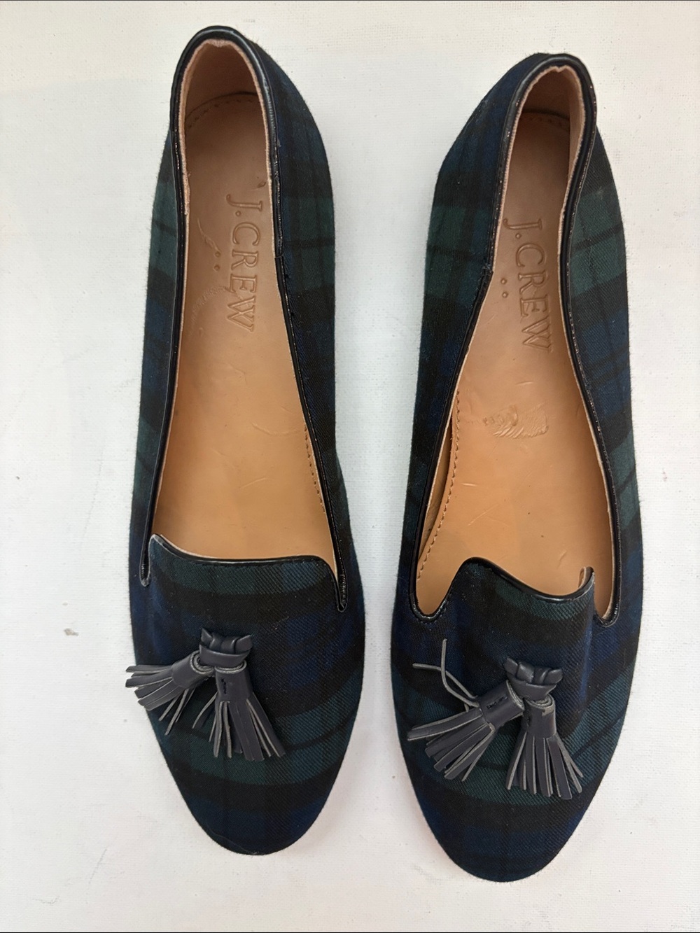 J. Crew Tartan Plaid Tassel Smoking Loafers Navy Green 6.5